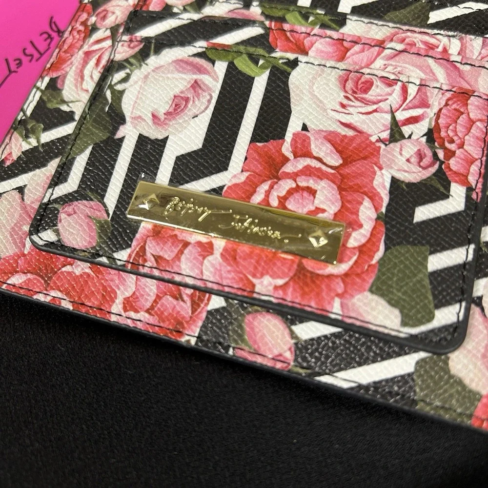 Betsey Johnson New Black White Rose Floral Credit Card Wallet Keychain Clutch